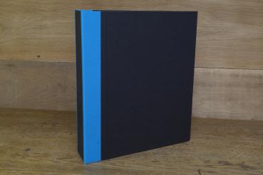 black folder with blue linen corners